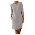 thumbnail image 1 of FINALGANG Womens Dress Solid Color 3/4 Sleeve Midi Dress With Mandarin Collar Side Pockets Relaxed Fit Linen Dress For Daily Going Out Wear, 1 of 4