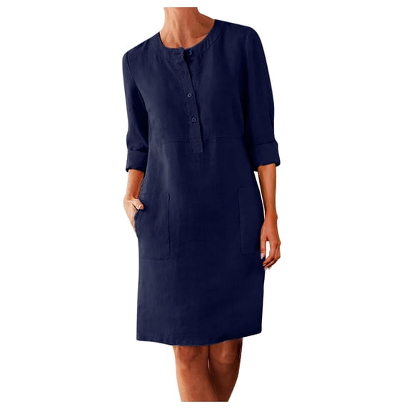 FINALGANG Womens Dress Solid Color 3/4 Sleeve Midi Dress With Mandarin Collar Side Pockets Relaxed Fit Linen Dress For Daily Going Out Wear