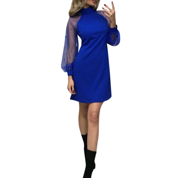 FINALGANG Womens Dress Solid Color Long Sleeve Crewneck Mini Dress Sheer Mesh Sleeves Slim Fit Bodycon Party Dress For Evening Going Out Wear