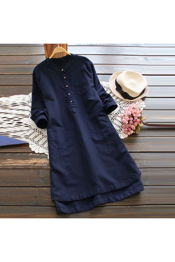 Womens Dress Solid Color Long Sleeve Midi Dress With Mandarin Collar Side Pockets Relaxed Fit Linen Dress For Daily Going Out Wear