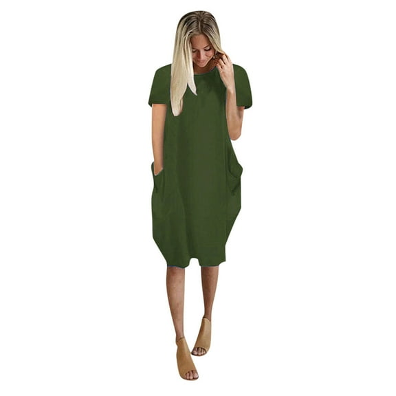 FINALGANG Womens Dress Solid Color Short Sleeve Midi Dress With Crewneck Side Pockets Loose Fit Casual T-Shirt Dress For Daily Going Out Wear