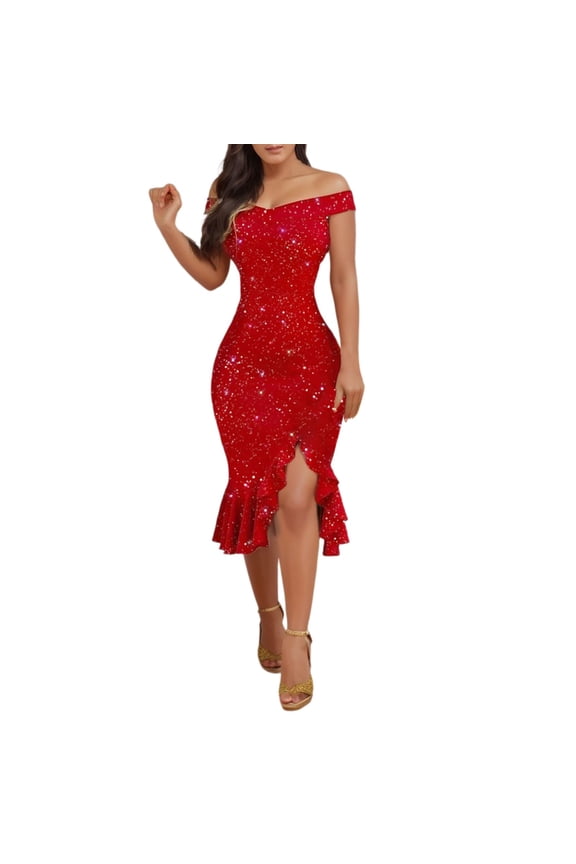 Womens Dress Solid Color Off Shoulder Midi Dress With Glitter Print High Slit Ruffle Hem Slim Fit Bodycon Party Dress For Evening Going Out Wear