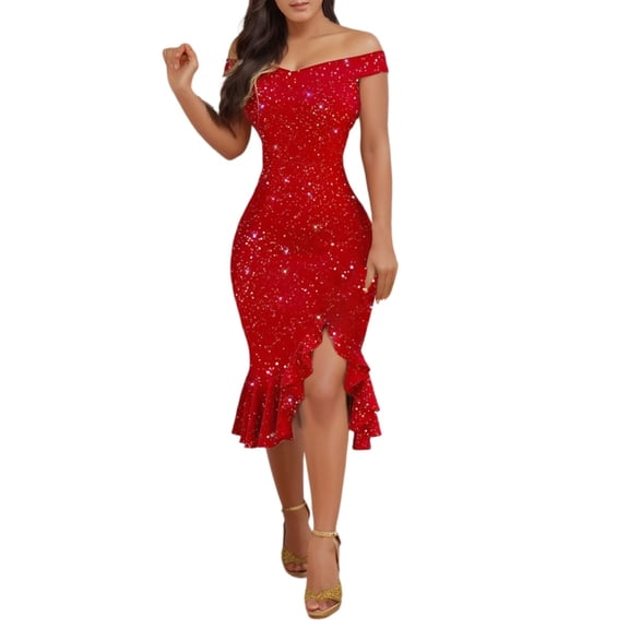 FINALGANG Womens Dress Solid Color Off Shoulder Midi Dress With Glitter Print High Slit Ruffle Hem Slim Fit Bodycon Party Dress For Evening Going Out Wear