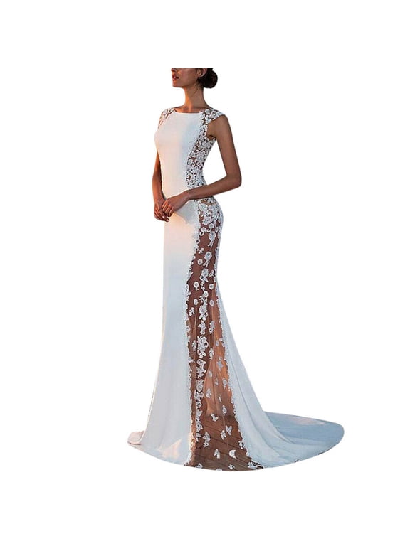 Womens Dress Solid Color Sleeveless Maxi Wedding Dress With Crewneck Lace Applique Illusion Side Sheath Bridal Gown For Wedding Formal Occasions