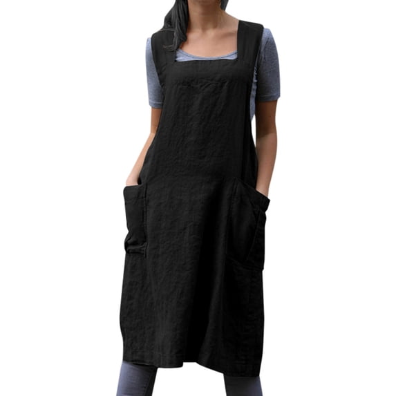 FINALGANG Womens Dress Solid Color Sleeveless Midi Pinafore Dress With Square Neck Side Pockets Oversized Relaxed Fit Linen Dress For Daily Going Out Wear