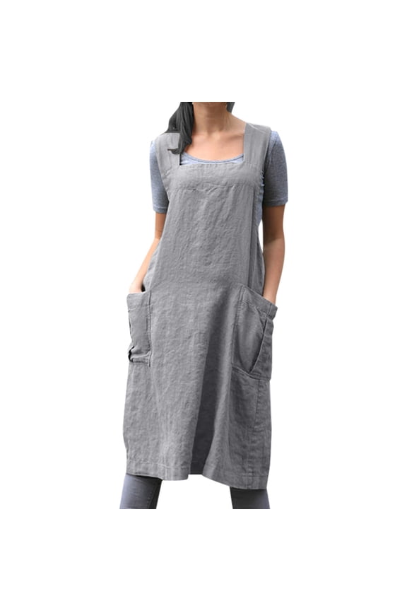 Womens Dress Solid Color Sleeveless Midi Pinafore Dress With Square Neck Side Pockets Oversized Relaxed Fit Linen Dress For Daily Going Out Wear