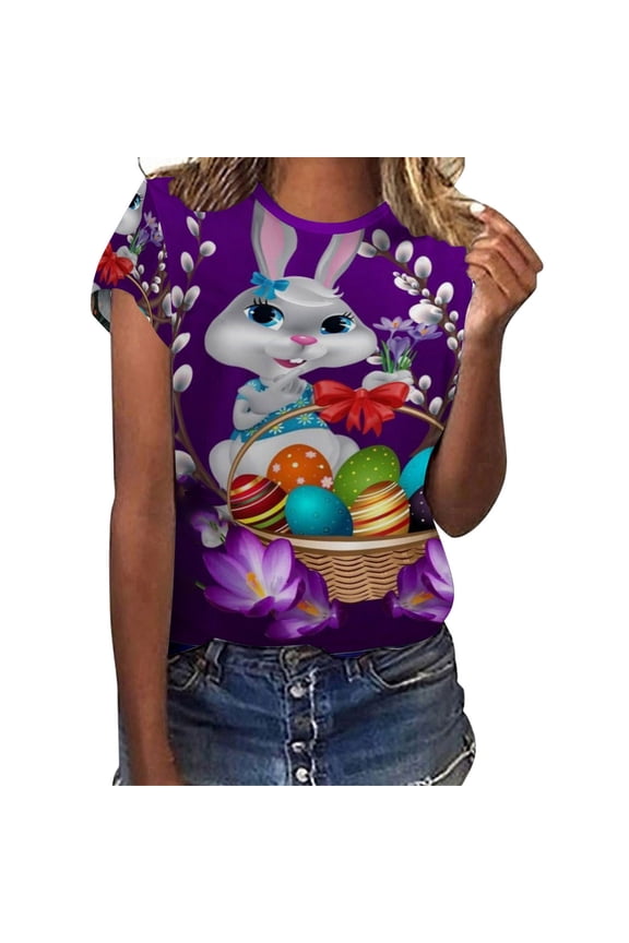 Womens Easter Cartoon Bunny Egg Basket Floral Print TShirts Short Sleeve Crewneck Casual Loose Fit Tees For Spring Holiday Daily Wear Fashionable Top