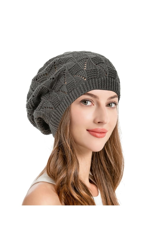 Womens Fall Winter Solid Color Knit Beret Hat Hollow Pattern Lightweight Soft Adjustable Fit Cap For Cold Weather Daily Wear Fashionable Headwear