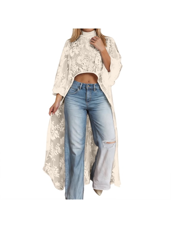 Womens Floral Printed Crochet Cover Up High Neck Open Front Long Sleeve Cropped Kimono Cardigan For Beach Summer Vacation Daily Wear Beige XXXL