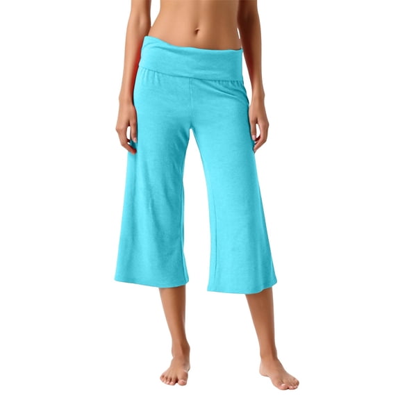 FINALGANG Womens Fold Over Waist Cropped Wide Leg Yoga Pants Solid Color Soft Stretchy Casual Loose Fit For Loungewear Yoga Daily Activities Light Blue S