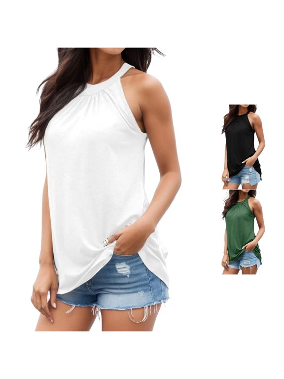 Womens Halter Gathered Neck Solid Side Split Loose Long Tank Tops Summer Daily Vacation Beach Casual Sleeveless Layering Shirts For Ladies Versatile Top XXL