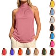 thumbnail image 1 of FINALGANG Womens Halter Neck Front Gathered Solid Loose Curved Hem Tank Tops Summer Daily Office Beach Casual Sleeveless Layering Shirts For Ladies Stylish Top L, 1 of 6