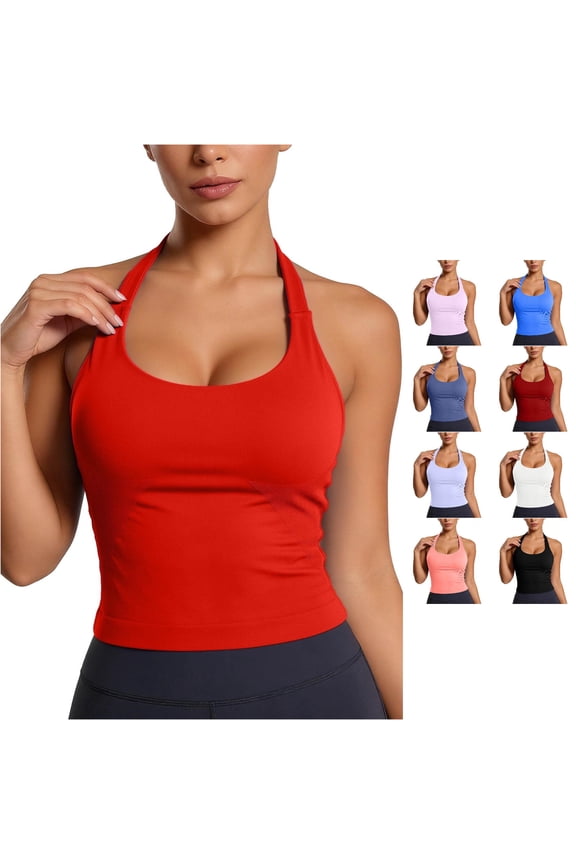 Womens Halter U Neck Quick Dry Ribbed Side Panel Solid Slim Cropped Athletic Tank Tops Gym Running Workout Breathable Sleeveless Shirts For Ladies Cozy Top S