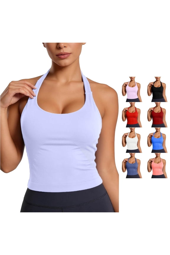Womens Halter U Neck Quick Dry Ribbed Side Panel Solid Slim Cropped Athletic Tank Tops Gym Running Workout Breathable Sleeveless Shirts For Ladies Trendy Top XS