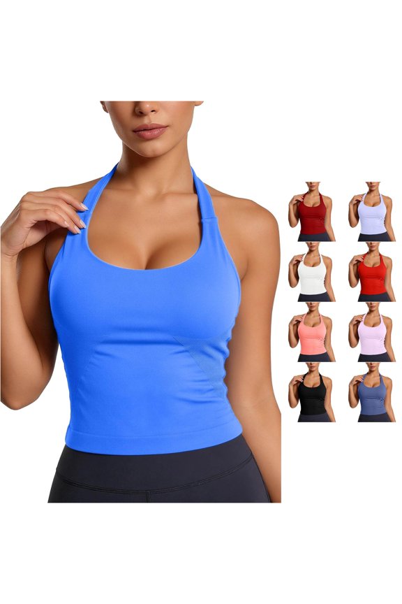 Womens Halter U Neck Quick Dry Ribbed Side Panel Solid Slim Cropped Athletic Tank Tops Gym Running Workout Breathable Sleeveless Shirts For Ladies Comfort Top XS