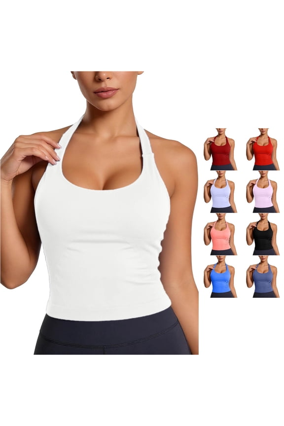 Womens Halter U Neck Quick Dry Ribbed Side Panel Solid Slim Cropped Athletic Tank Tops Gym Running Workout Breathable Sleeveless Shirts For Ladies Stylish Top XS