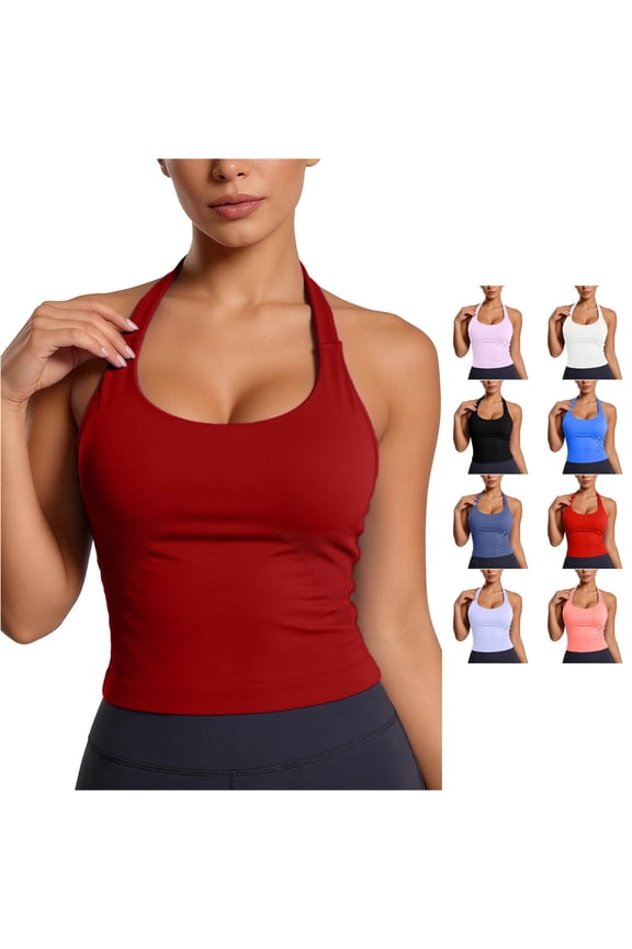 Womens Halter U Neck Quick Dry Ribbed Side Panel Solid Slim Cropped Athletic Tank Tops Gym Running Workout Breathable Sleeveless Shirts For Ladies Versatile Top XS