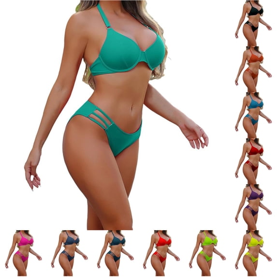 FINALGANG Womens Halter V Neck Solid Color Underwire 2 Piece Bikini Swim Set Molded Cup Swim Top Hollow Brief Summer Swimwear For Beach Party Stylish Swimwear L