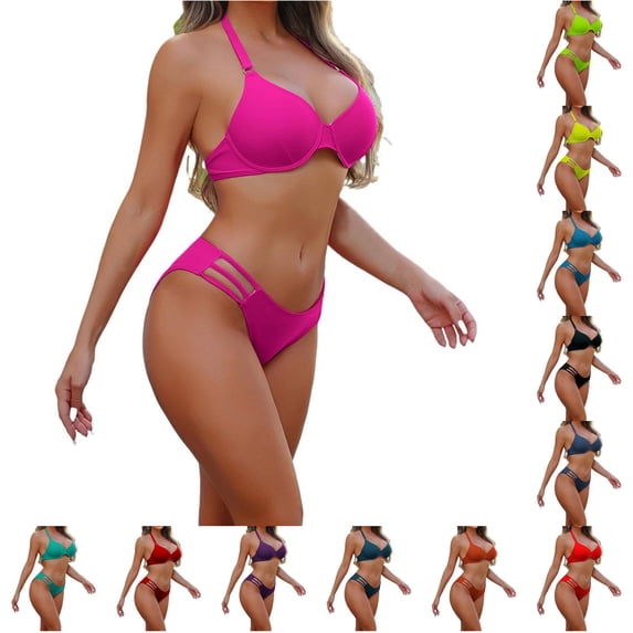 FINALGANG Womens Halter V Neck Solid Color Underwire 2 Piece Bikini Swim Set Molded Cup Swim Top Hollow Brief Summer Swimwear For Beach Party Versatile Swimwear L