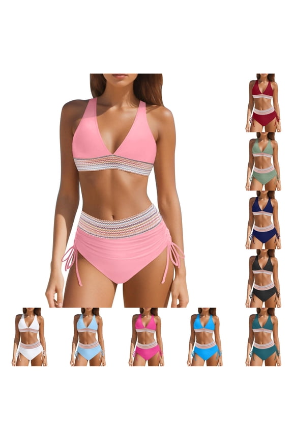 Womens Halter V Neck Wave Striped Trim Two Piece Bikini Set Bikini Top High Waist Side Tie Bottom Basic Swim Suit Summer Swimwear For Beach Vacation Fashion Swimwear S
