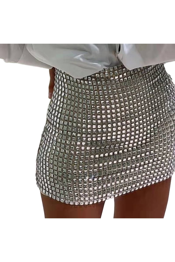 Womens High Waist Full Square Rhinestone Bodycon Mini Skirt Party Sparkly Wrap Short Skirt Bottoms For Ladies Stylish Skirts S