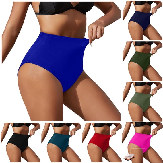 FINALGANG Womens High Waist Solid Color Stretch Full Coverage Bikini Bottom Tummy Hiding Basic Swim Brief Summer Swimwear For Beach Holiday Stylish Swimwear S
