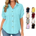 thumbnail image 1 of FINALGANG Womens Lapel Collar Roll Tab Short Sleeve Solid Color Dual Bust Pocket Curved Hem Loose Button Down Shirt Relaxed Fit For Ladies Office Daily Outdoor Outing Blue M, 1 of 7