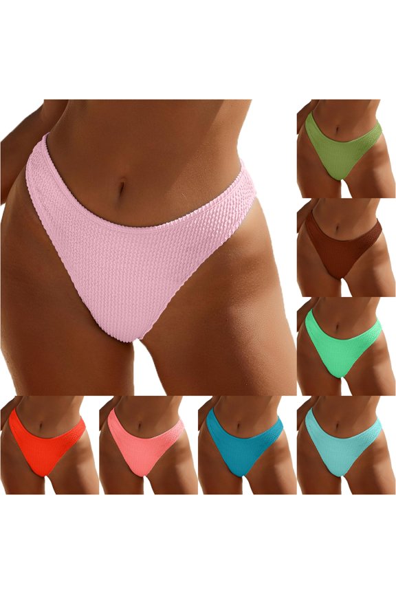 Womens Low Rise Solid Color Crinkle Textured Bikini Bottom High Cut Stretch Basic Swim Brief Summer Swimwear For Seaside Travel Leisure Swimwear M
