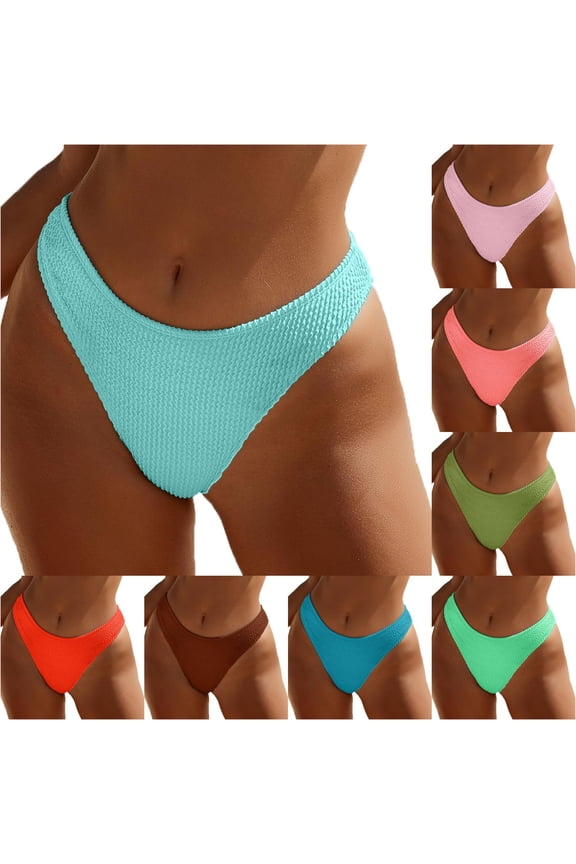 Womens Low Rise Solid Color Crinkle Textured Bikini Bottom High Cut Stretch Basic Swim Brief Summer Swimwear For Seaside Travel Soft Swimwear S