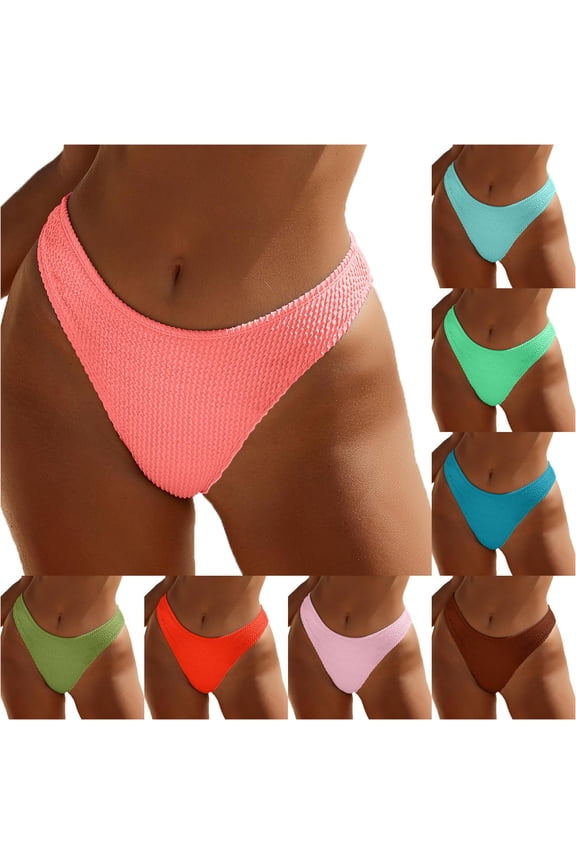 Womens Low Rise Solid Color Crinkle Textured Bikini Bottom High Cut Stretch Basic Swim Brief Summer Swimwear For Seaside Travel Trendy Swimwear M