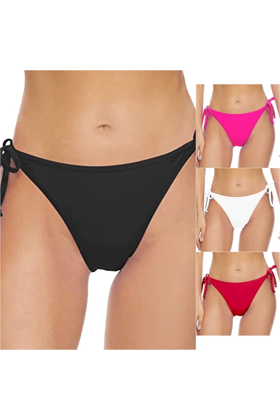 Womens Low Rise Solid Color Double Side Self Tie High Cut Cheeky Bikini Bottom Lightweight Basic Swim Brief Summer Swimwear For Coastal Beach Activity Stylish Swimwear XXL