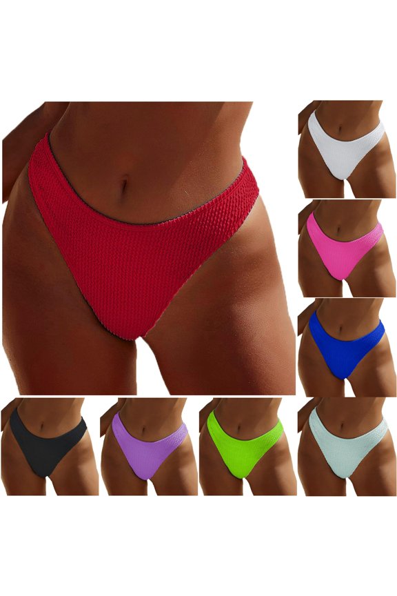 Womens Low Waist Solid Color Waffle Textured High Cut Bikini Bottom Slim Minimal Basic Swim Brief Summer Swimwear For Coastal Getaway Versatile Swimwear L