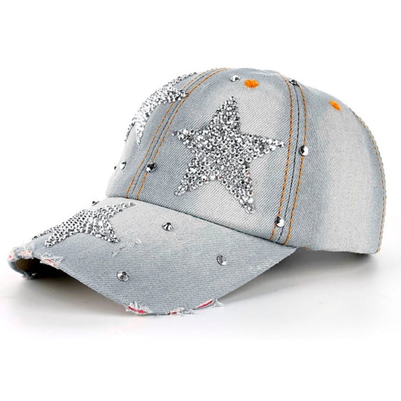 FINALGANG Womens Mens Denim Baseball Cap Rhinestone Star Pattern Distressed Adjustable Fit Hat For Casual Daily Outdoor Wear Soft Headwear