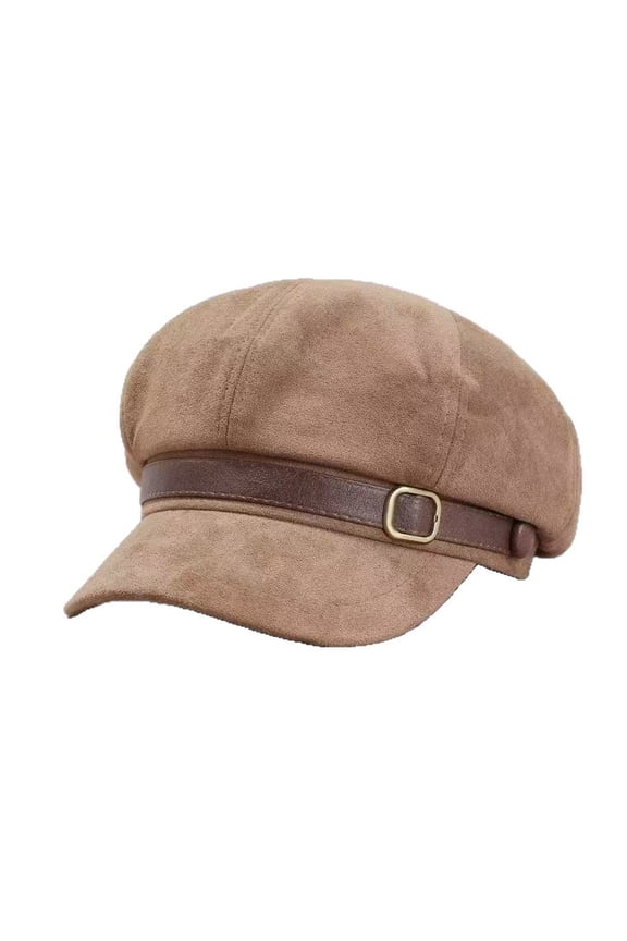 Womens Mens Solid Color Suede Newsboy Cap Leather Strap Buckle Warm Adjustable Fit Hat For Autumn Winter Daily Wear Stylish Headwear