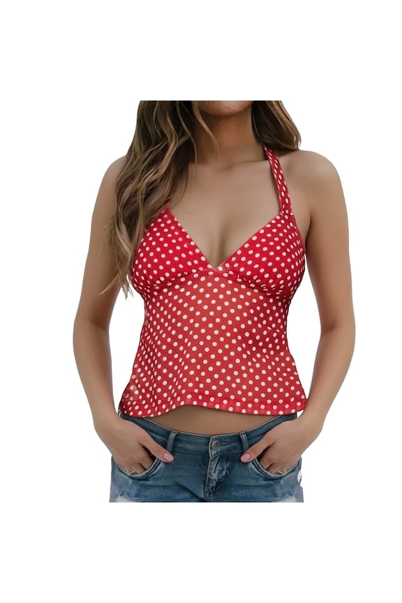 Womens Polka Dot Sleeveless Halter Neck Crop Top Slim Fit V Neck Front Tie Top For Summer Beach Party Daily Casual Wear Red S