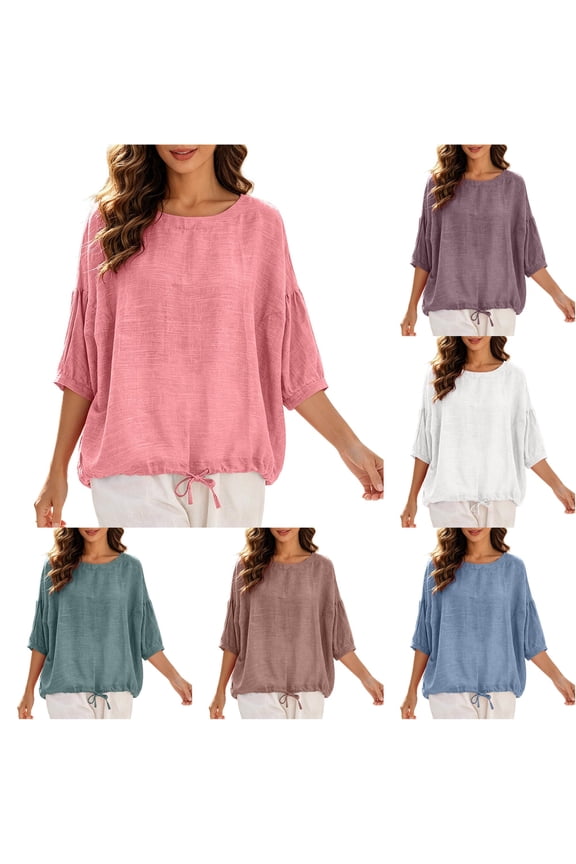 Womens Puff Three Quarter Sleeve Round Neck Solid Color Textured Drawstring Hem Loose Tops Summer Holiday Relaxed Fit Casual Blouse Shirts For Ladies Casual Top Pink XXL