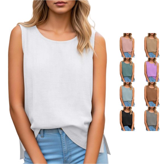 FINALGANG Womens Round Neck Sleeveless Solid Color Textured Side Split Regular Fit Tank Tops Summer Daily Casual Loose Breathable Layering Shirts For Ladies Cozy Top XXXL