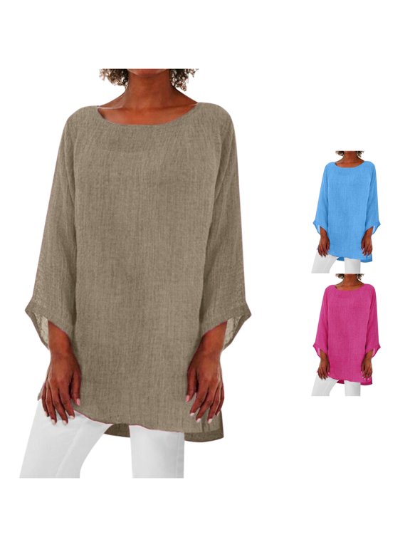 Womens Round Neck Three Quarter Flared Sleeve Solid Color High Low Side Split Loose Fit Casual Tunic Top For Ladies Daily Summer Vacation Casual Date Khaki XXL