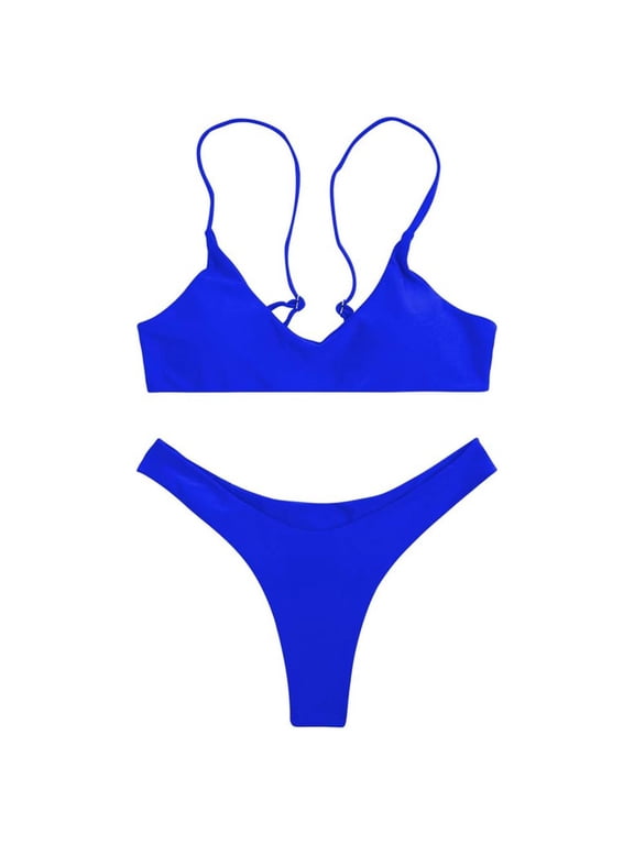 Womens Scoop Neck Thin Strap Solid Color 2 Piece Bikini Swim Set Simple Swim Top High Cut Brief Summer Swimwear For Beach Vacation Cozy Swimwear XXL