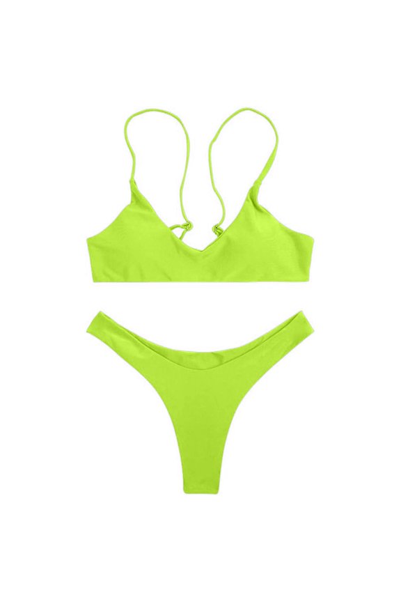Womens Scoop Neck Thin Strap Solid Color 2 Piece Bikini Swim Set Simple Swim Top High Cut Brief Summer Swimwear For Beach Vacation Cozy Swimwear M