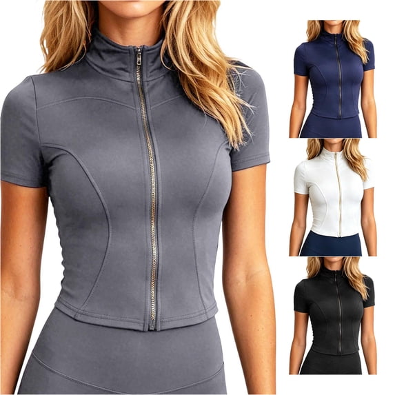 FINALGANG Womens Short Sleeve Stand Collar Full Zip Front Slim Cropped Tops Stretch Quick Dry Gym Fitted Workout Tees For Daily Ladies Casual Top Grey M