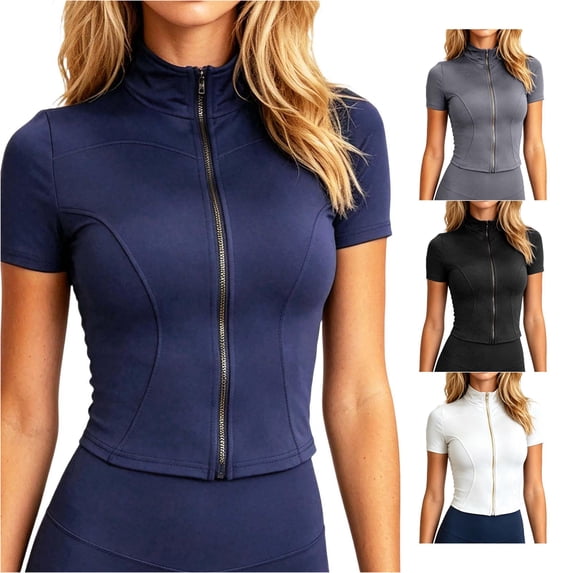 FINALGANG Womens Short Sleeve Stand Collar Full Zip Front Slim Cropped Tops Stretch Quick Dry Gym Fitted Workout Tees For Daily Ladies Versatile Top Dark Blue XXXL