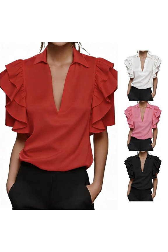 Womens Sleeveless Lapel V Neck Double Ruffle Shoulder Solid Color Loose Tops Elegant Office Relaxed Fit Casual Blouse Shirts For Ladies Casual Top Red XXL