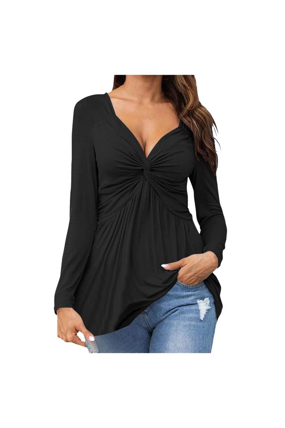Womens Solid Black V Neck Long Sleeve Blouse Front Twist Detail Ruched Bust Loose Fit Flowy Hem Top For Casual Daily Wear Black XL