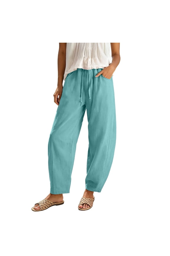 Womens Solid Color Barrel Pants With Drawstring Elastic High Waist Pockets For Casual Daily Wear Beach Vacations Summer Loungewear Mint Green