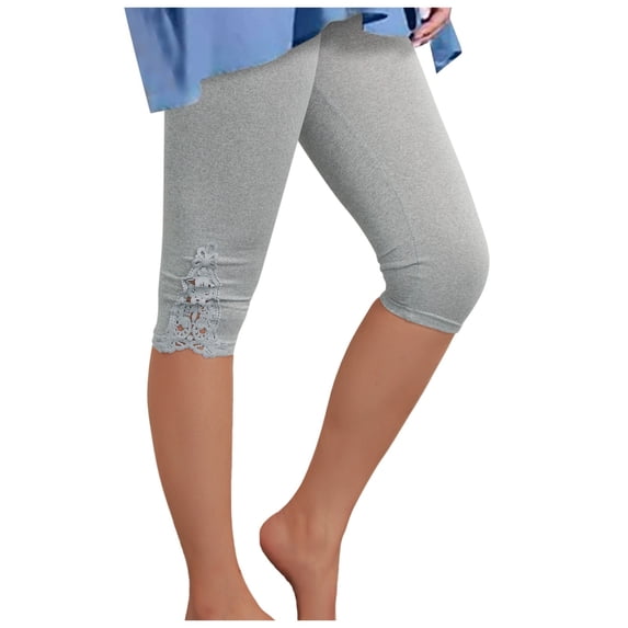 FINALGANG Womens Solid Color Capri Leggings With Lace Trim Detail High Waist Stretch Fit For Casual Daily Wear Layering Summer Errands Grey
