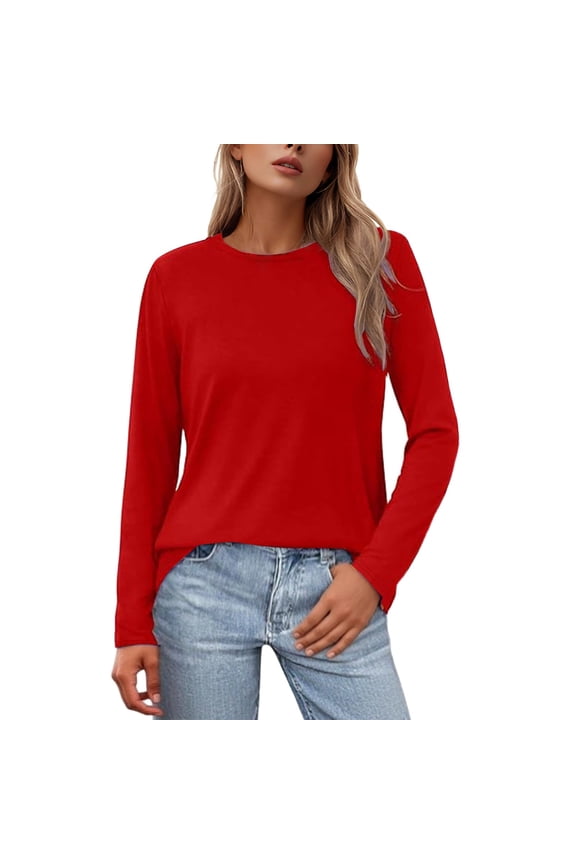 Womens Solid Color Crew Neck Long Sleeve Relaxed Fit Slub Knit Soft Stretchy TShirt For Casual Daily Wear Classic Top