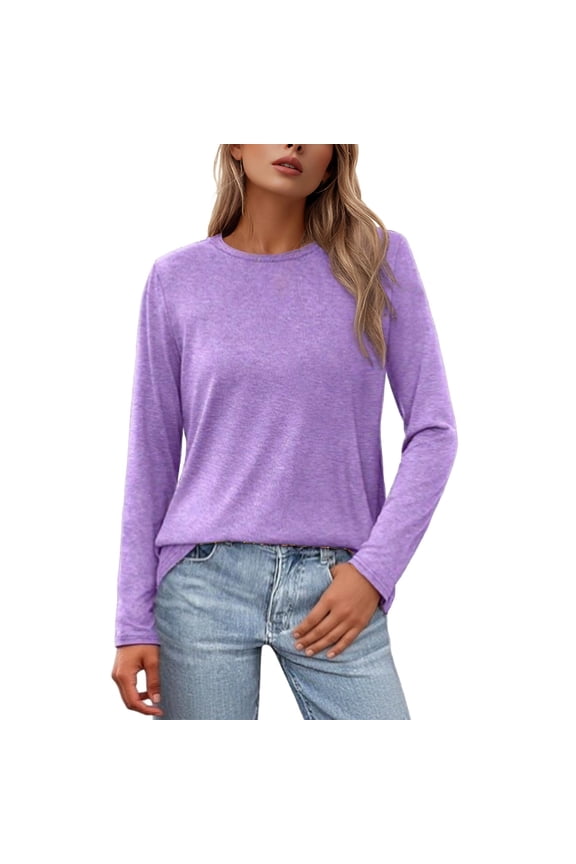 Womens Solid Color Crew Neck Long Sleeve Relaxed Fit Slub Knit Soft Stretchy TShirt For Casual Daily Wear Versatile Top