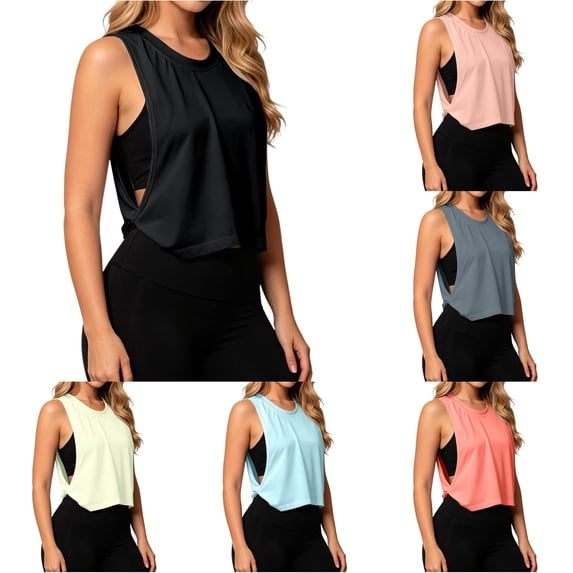 FINALGANG Womens Solid Color Crew Neck Side Hollow Quick Dry Cropped Tank Tops Summer Loose Workout Beach Casual Athletic Sleeveless Shirts For Ladies Comfort Top M