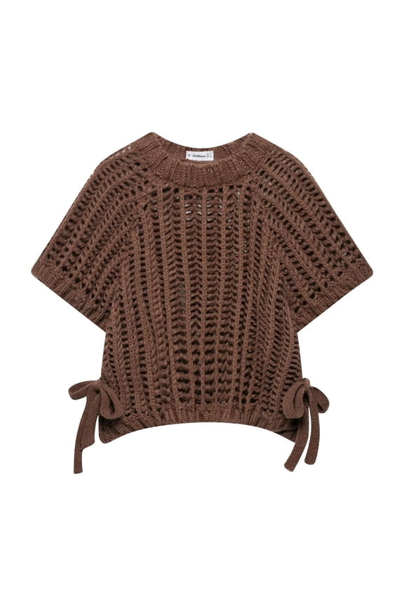 Womens Solid Color Crewneck Short Sleeve Sweater Open Knit Pattern Cropped Top With Side Tie Ribbon For Spring Summer Casual Daily Wear Brown S